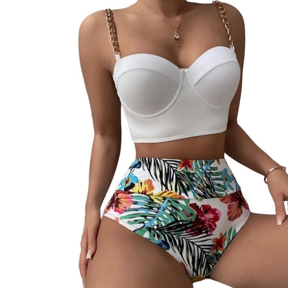 Tropical Print Chain Strap High Waist Bikini Swimsuit. New. - Picture 2 of 7